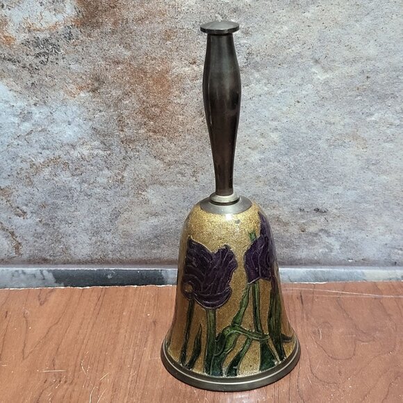 Vintage Solid Brass Bell Cloisonne Enamel Flower Design - Picture 4 of 9